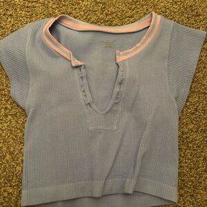 Urban Outfitters Light Blue Ribbed Crop Top with Pink Trim